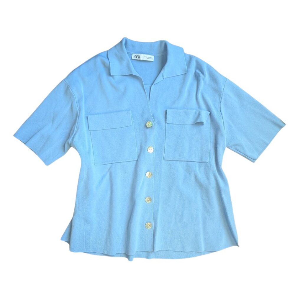 Zara Baby Blue Clean Girl Oversized Button up short sleeve sweater top Size M